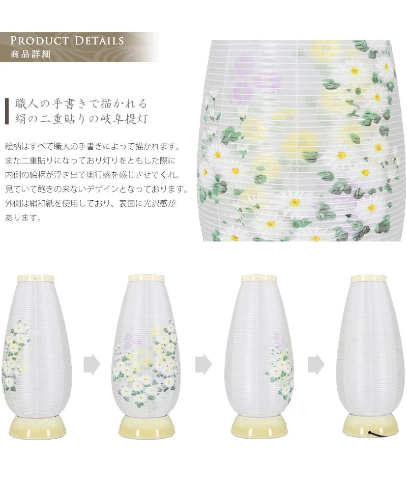 絹二重張りで出来た岐阜提灯です。花々の絵柄は360度のアングルでご覧ください。