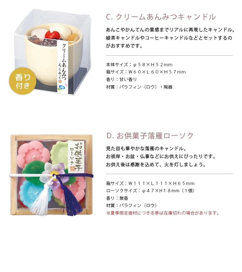 クリームあんみつキャンドル・お供菓子落雁ローソクの商品詳細