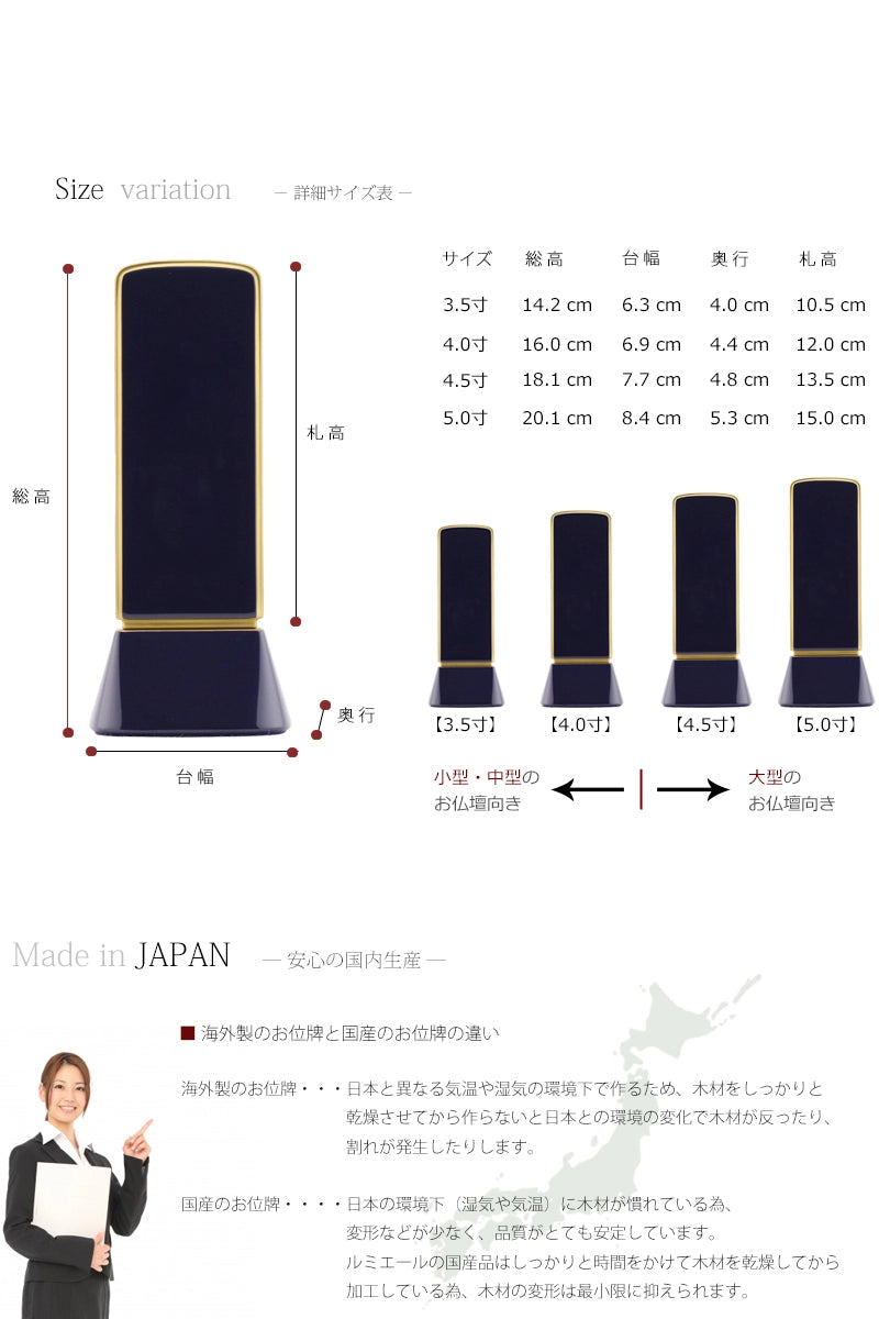 お位牌のサイズ・国産品質の説明。