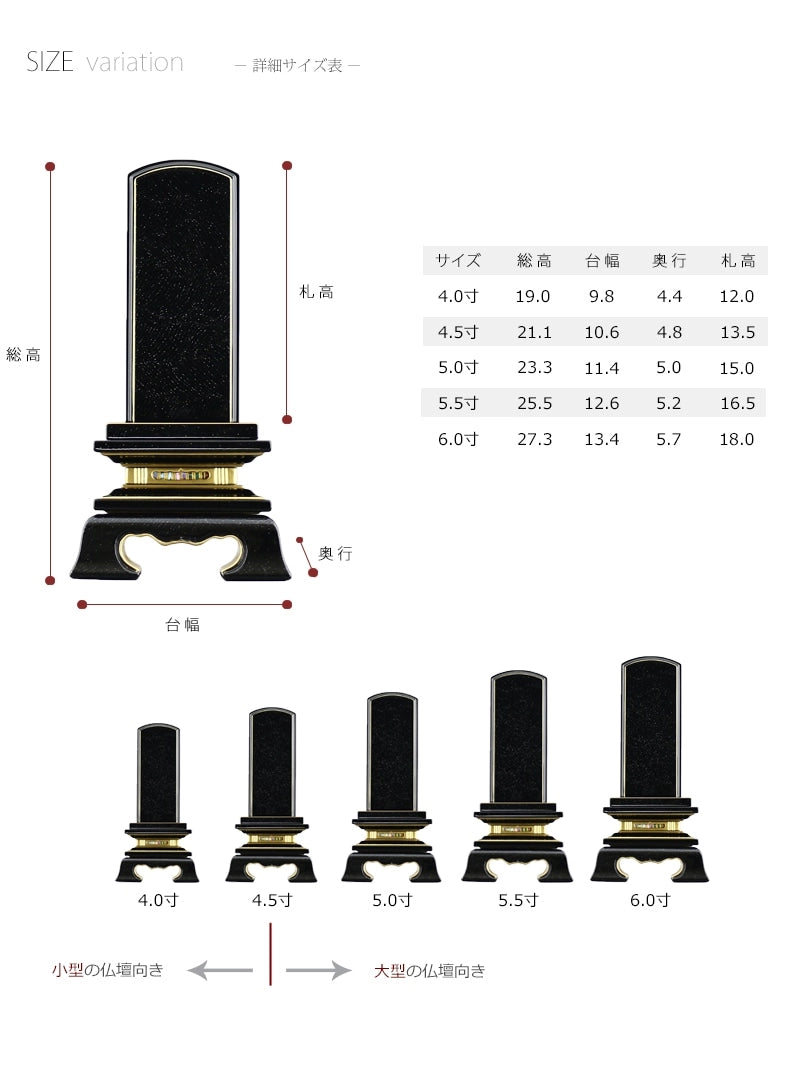 会津 最高級位牌 春日地紋呂色 さざれ波 サイズ参考ページ