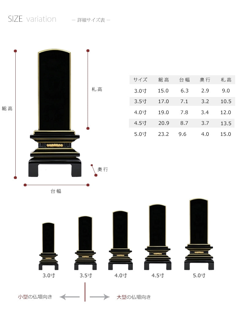 会津塗位牌 京の梅 上塗り仕上げのサイズ参考画像です。