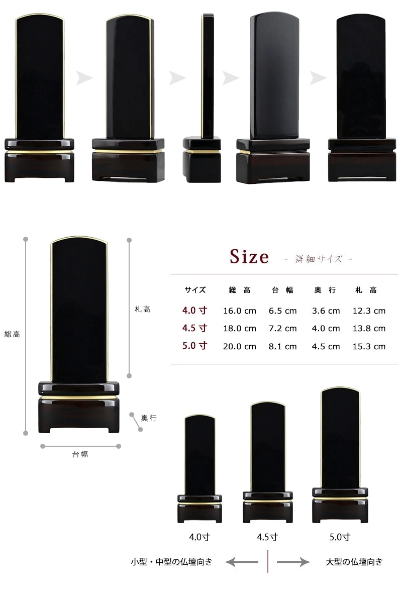 シンプル唐木位牌 黒檀 鏡面仕上げの詳細サイズ
