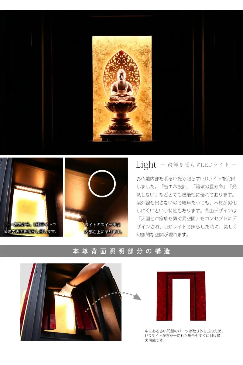 ライトには省エネ設計のLEDライトを使用し、背面の金箔を幻想的に照らします。