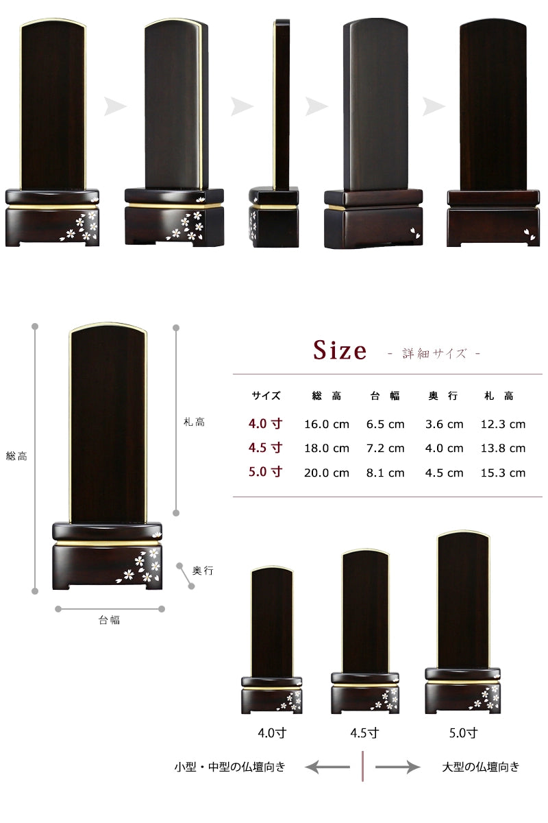 シンプル蒔絵唐木位牌 黒檀 マット仕上げの詳細サイズ