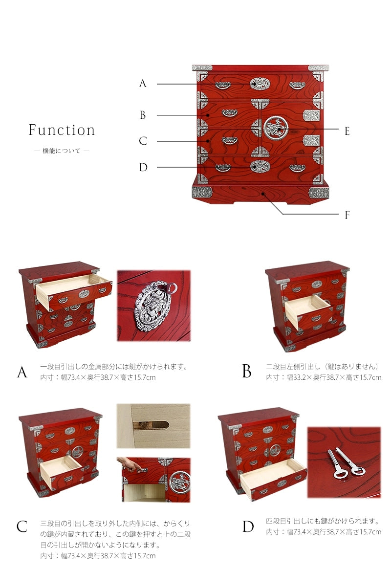 吉野民芸 車箪笥 朱色の各収納部分には、それぞれ異なる機能が備わっています。随所に職人の技術が詰まっています。