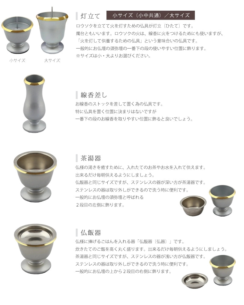 モダン仏具セットミルフィ ホワイト 各仏具の説明。