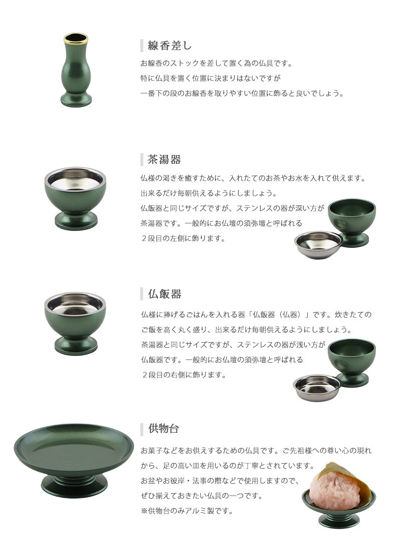 モダン仏具セット 「アルミムクmini」 グリーン 仏具6点セットの各種仏具についての説明②