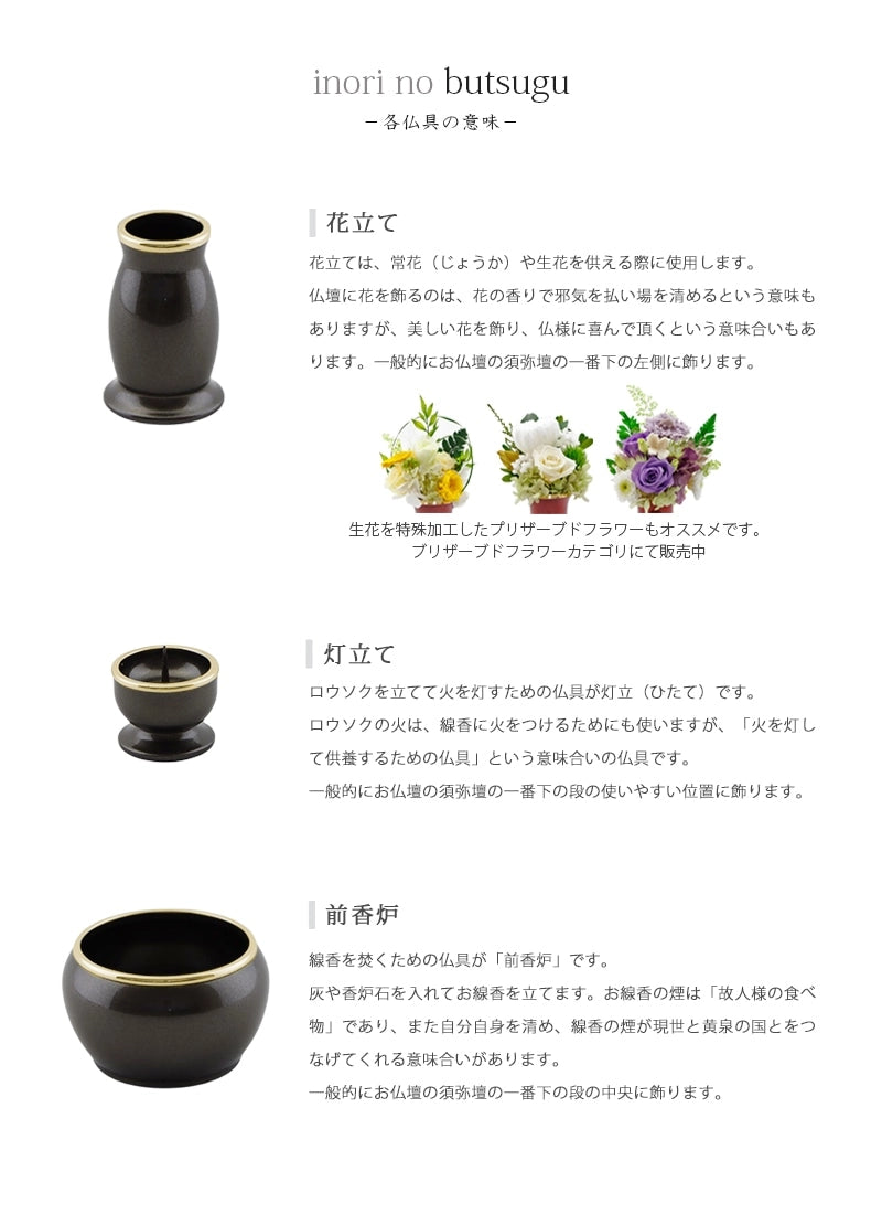 モダン仏具セット 「アルミムクmini」 シルバーグレー 仏具6点セットの各種仏具についての説明①