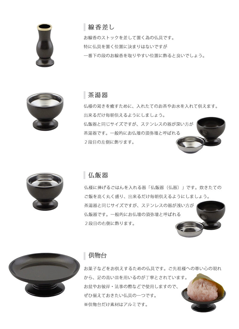 モダン仏具セット 「アルミムクmini」 シルバーグレー 仏具6点セットの各種仏具についての説明②