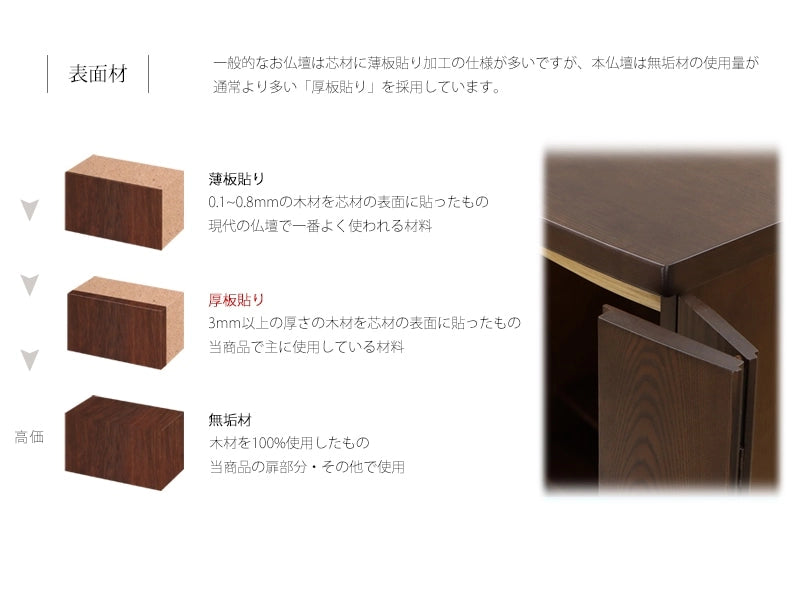 モダン仏壇 ゼフィール ブラウンはタモ材をふんだんに使用しており、木のあたたかみを感じていただけます。