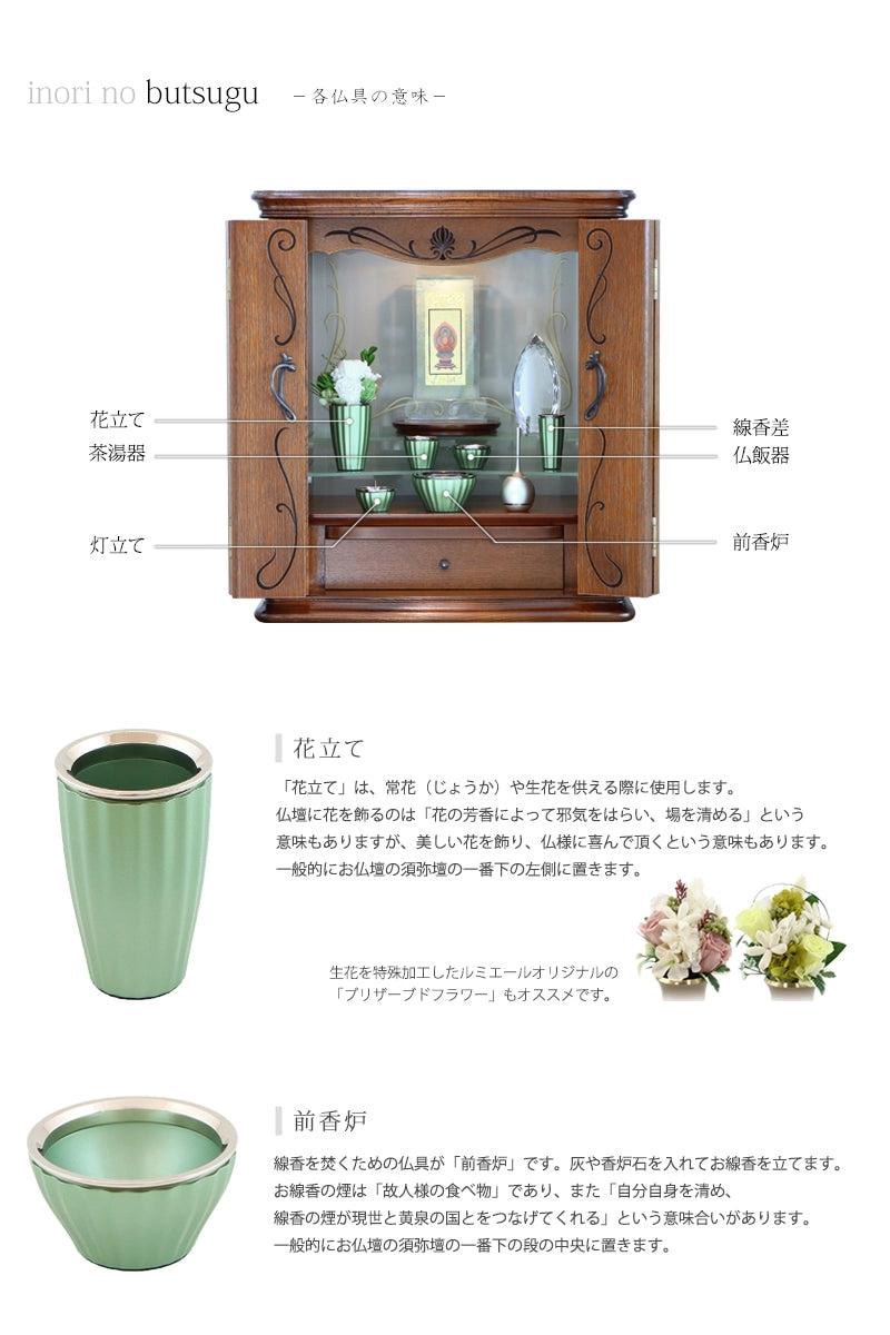 モダン仏具 ロメオ グリーン 各仏具の説明。花立て・前香炉。