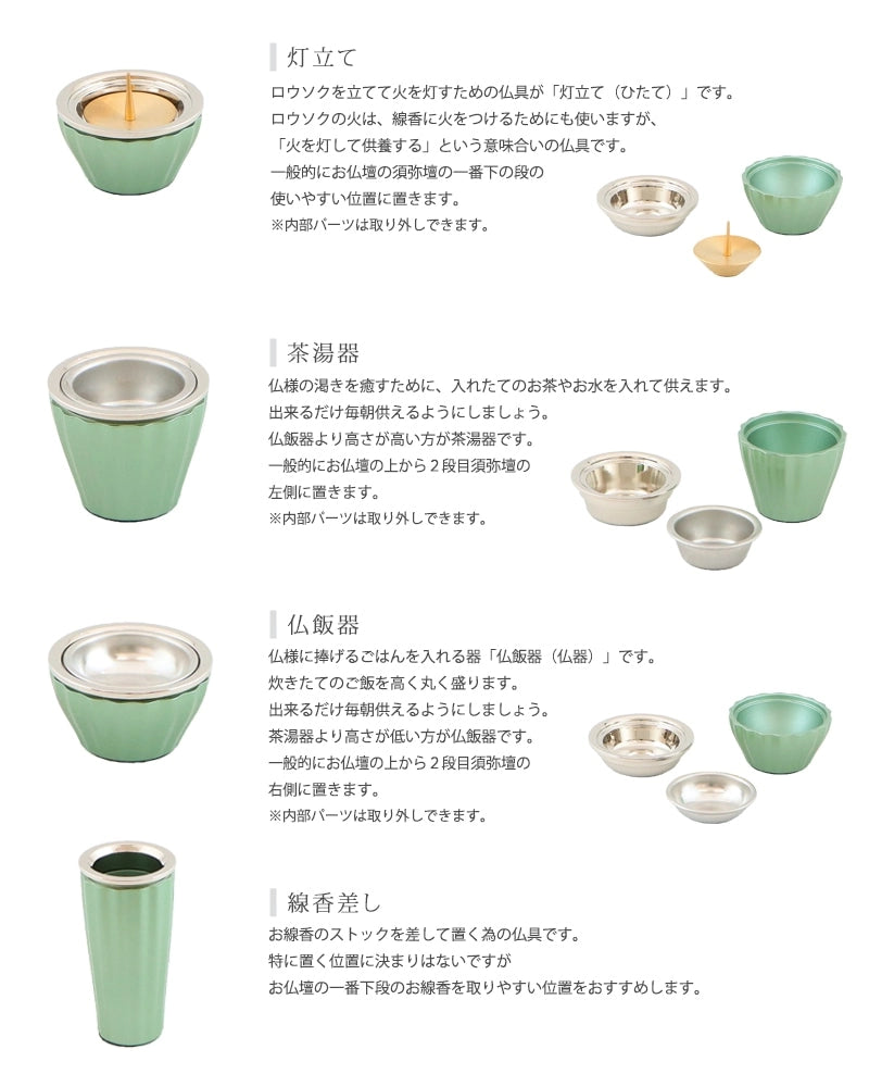 モダン仏具 ロメオ グリーン 各仏具の説明。灯立て・茶湯器・仏飯器・線香差し。