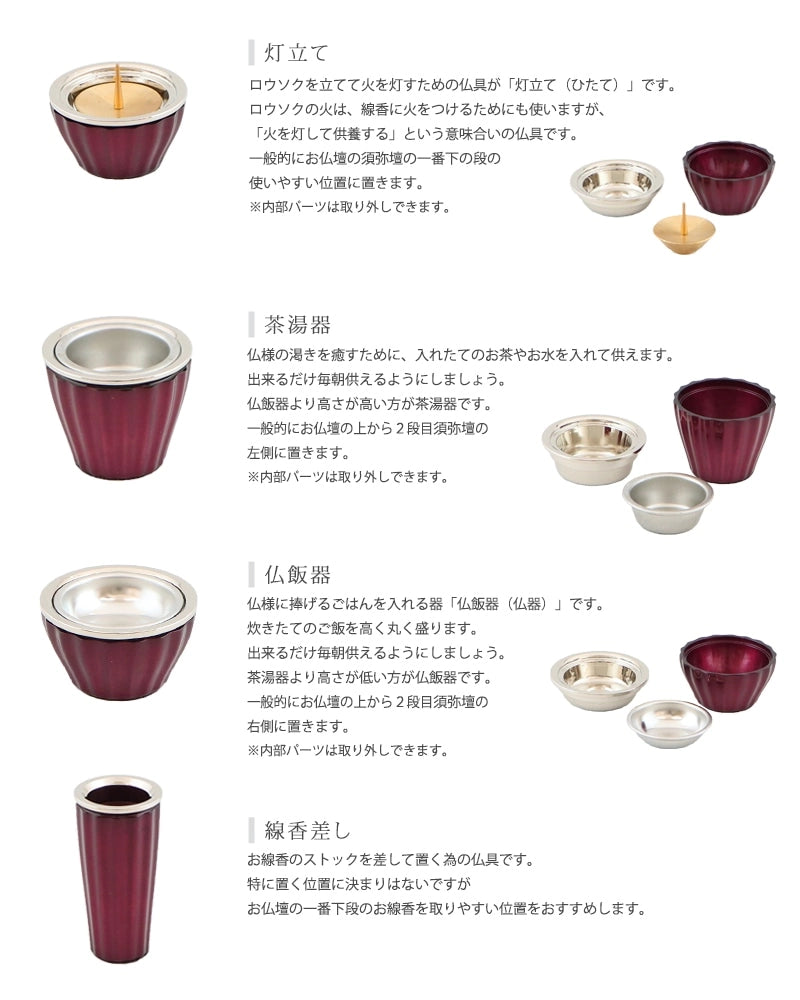 モダン仏具 ロメオ ワイン 各仏具の説明。灯立て・茶湯器・仏飯器・線香差し。