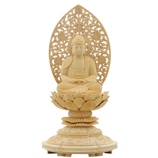 桧木仏像 上彫り 丸台座 座阿弥陀 【天台宗】メイン画像01