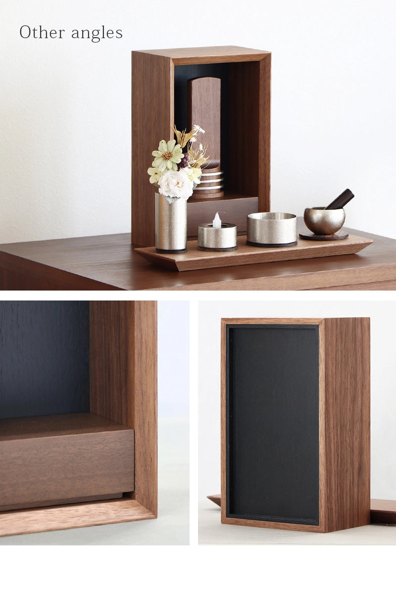 手元供養ステージ FLOAT ウォールナット×墨黒色を様々な角度から見たイメージ