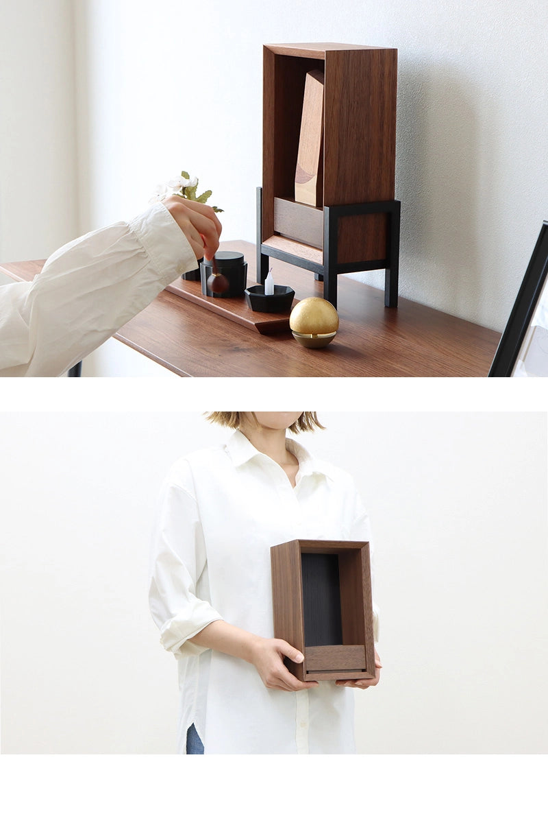 手元供養ステージ FLOAT 脚付きタイプ ウォールナット×墨黒色の使用イメージ