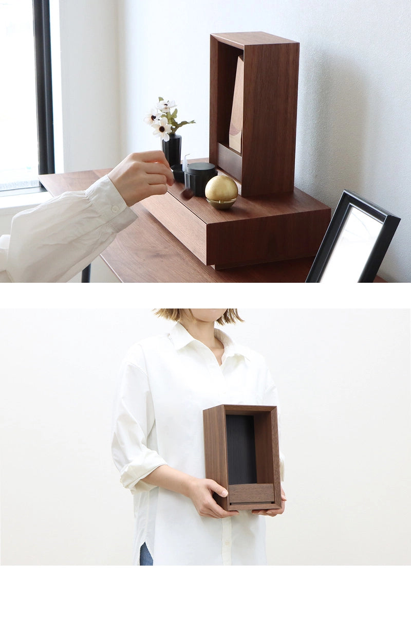 手元供養ステージ FLOAT 収納付きタイプ ウォールナット×墨黒色の使用イメージ