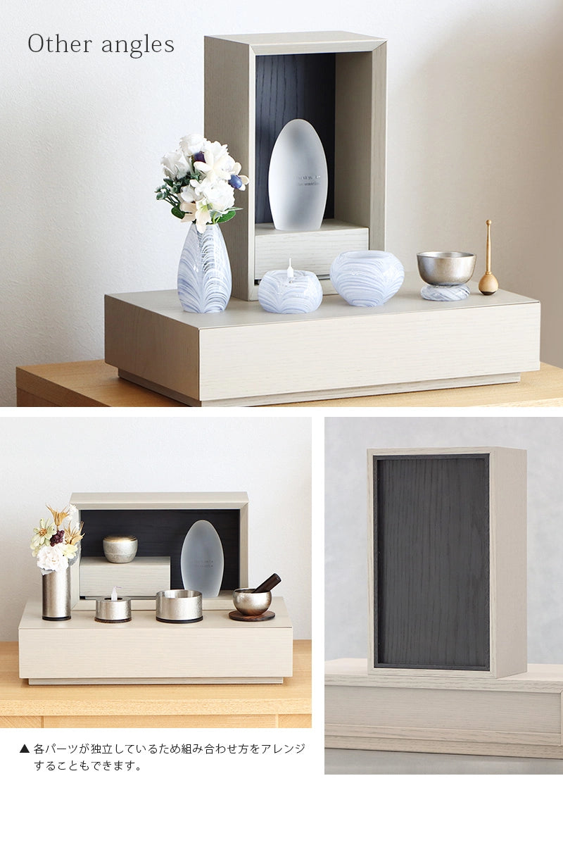 手元供養ステージ FLOAT 脚付きタイプ 錫色×墨黒色を様々な角度から見たイメージ