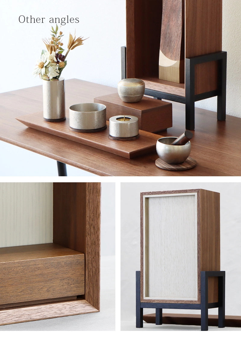 手元供養ステージ FLOAT 脚付きタイプ ウォールナット×錫色を様々な角度から見たイメージ