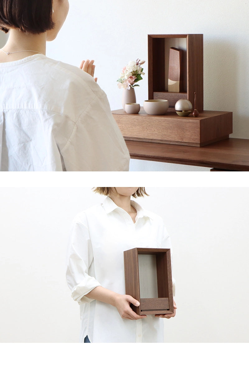 手元供養ステージ FLOAT 収納付きタイプ ウォールナット×錫色の使用イメージ
