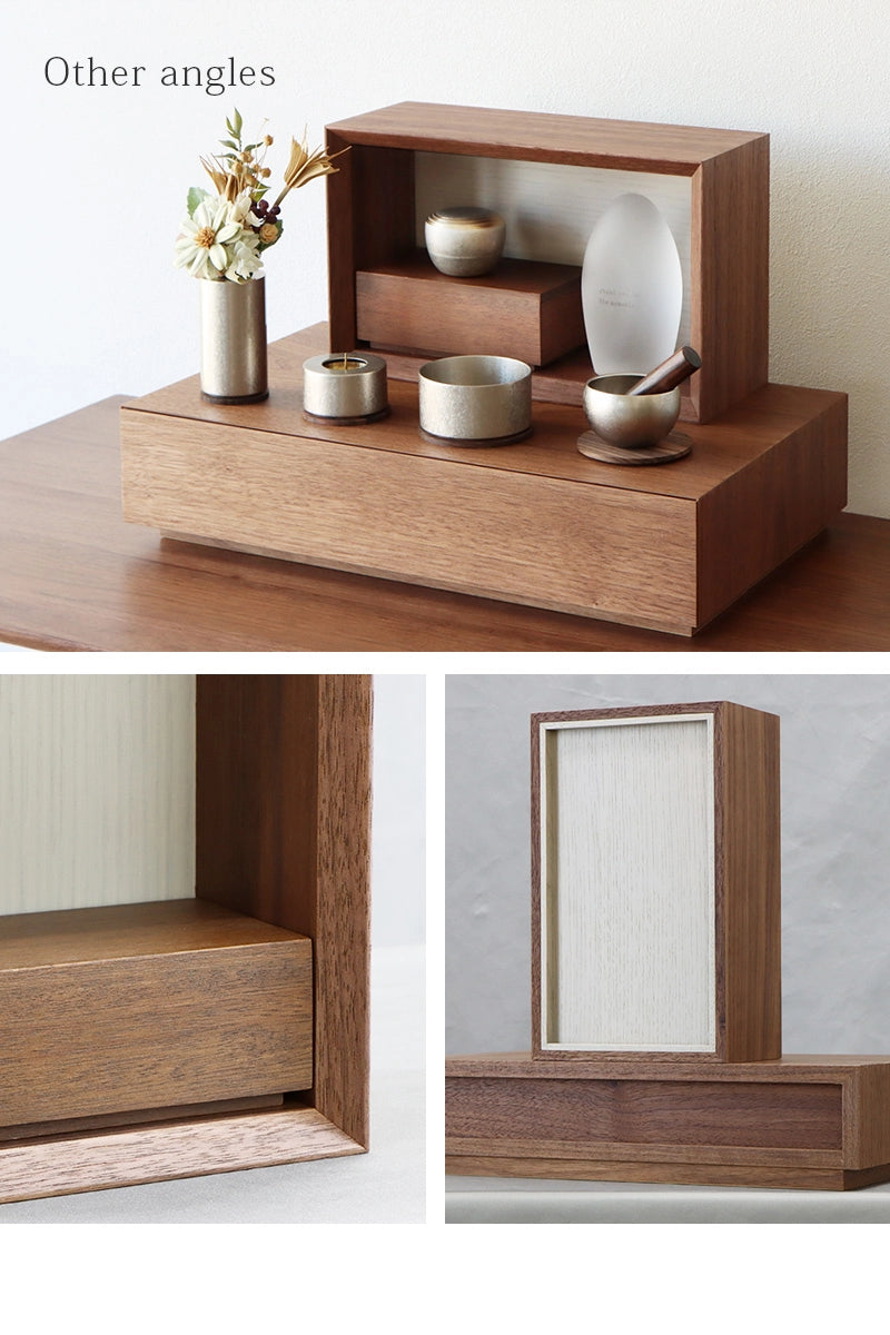 手元供養ステージ FLOAT 収納付きタイプ ウォールナット×錫色を様々な角度から見たイメージ