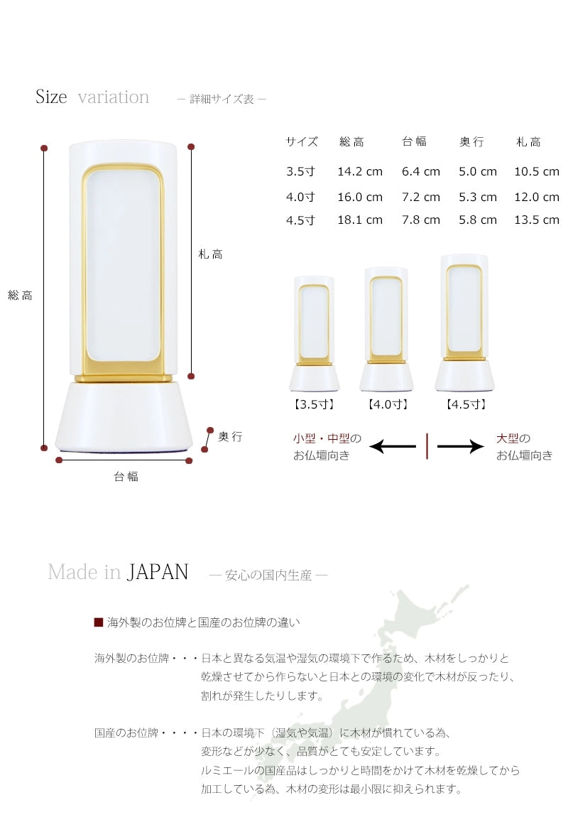 お位牌のサイズ・国産品質の説明。
