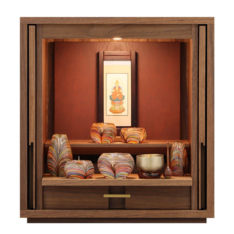 モダン仏壇 TSUDOU ウォールナット×海老茶の仏具入りサムネイル画像