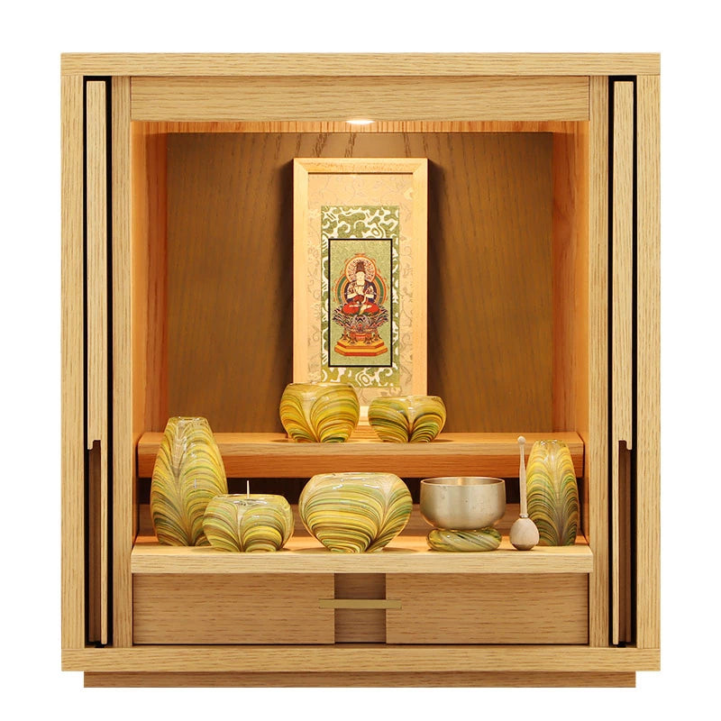 モダン仏壇 TSUDOU オーク×老竹色の仏具入りサムネイル画像