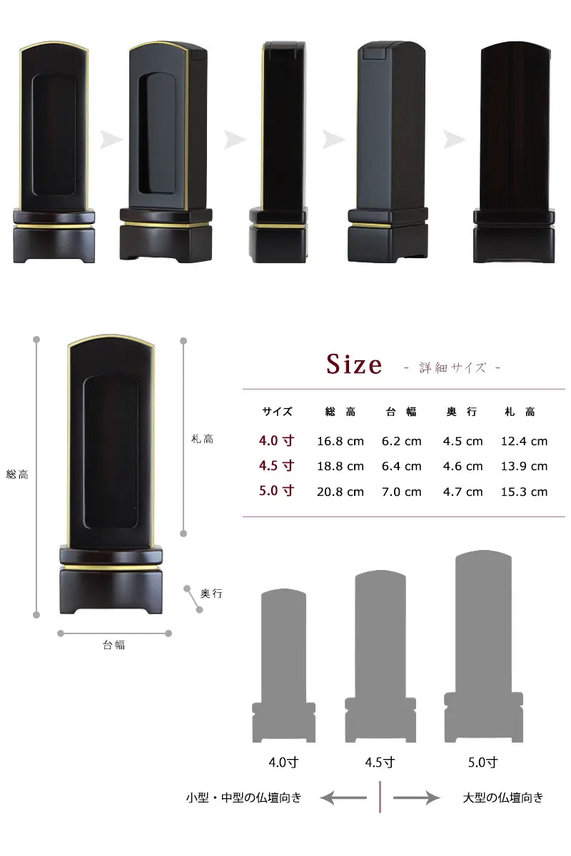 シンプル唐木回出位牌黒檀マット仕上げの各アングルと各サイズの詳細画像
