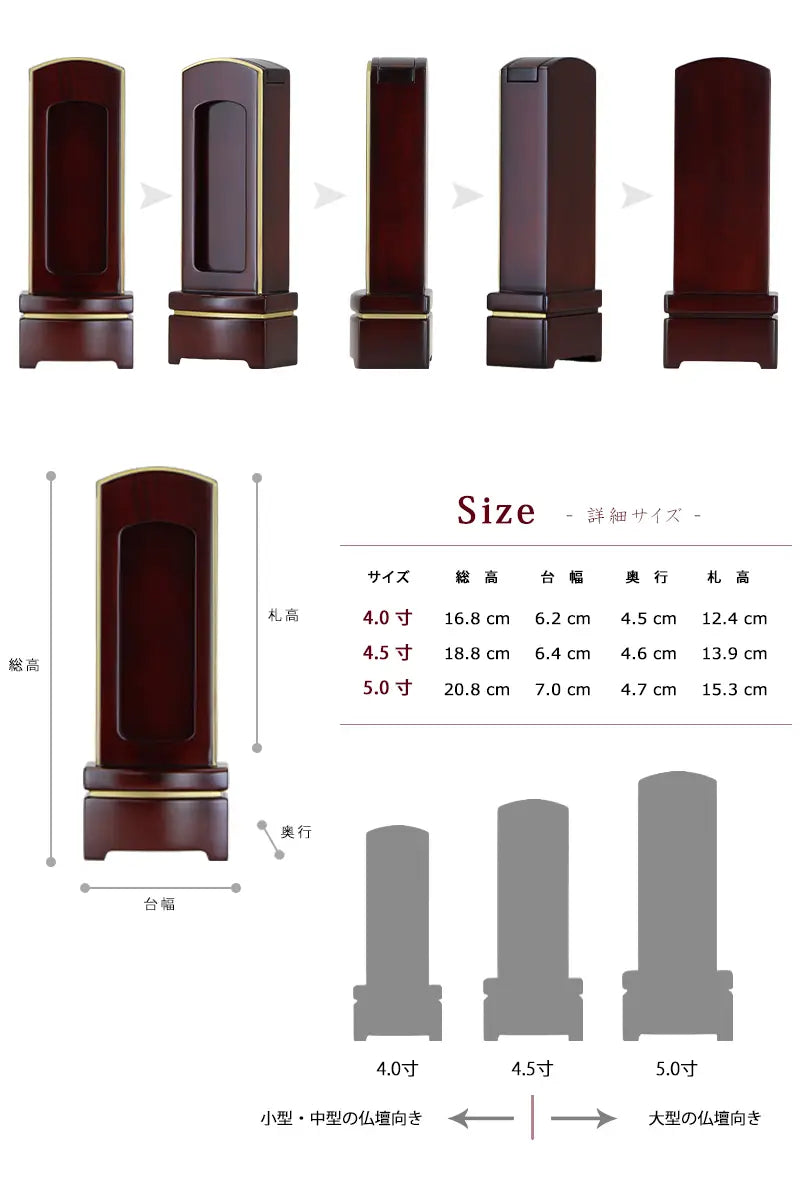 シンプル唐木回出位牌紫檀マット仕上げの各アングルと各サイズの詳細画像