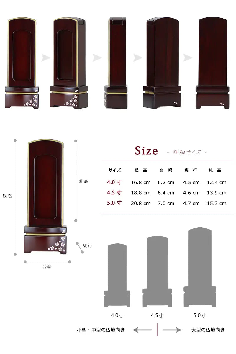 シンプル唐木回出位牌 駿河蒔絵 紫檀マット仕上げの各アングルと各サイズの詳細画像