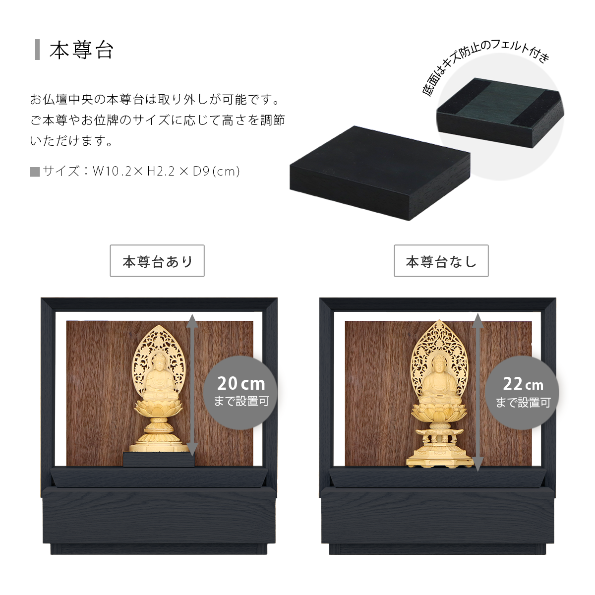 ミニ仏壇 KAKOI 墨黒色×ウォールナットは取外し可能な本尊台が付属します。