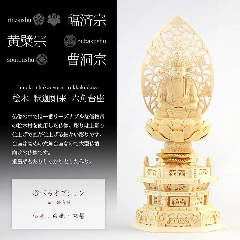 桧木仏像 六角台座 座釈迦 【曹洞宗・臨済宗・禅宗】の商品画像1枚目