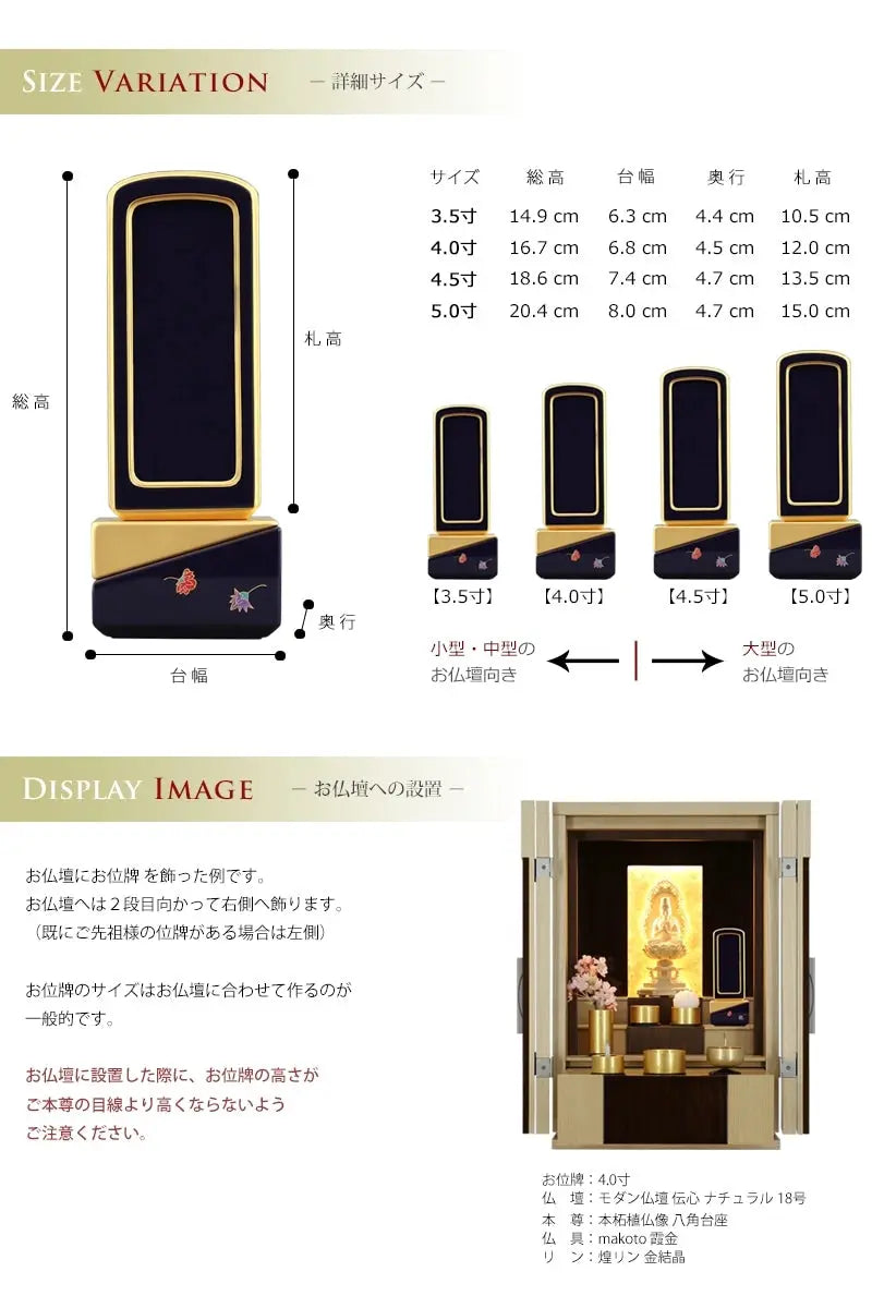 お位牌のサイズ・お仏壇への設置イメージ。