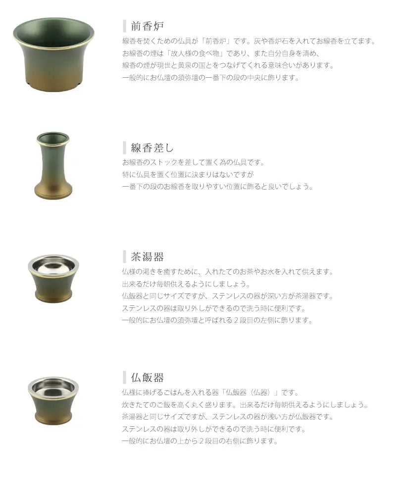 モダン仏具セット シャンテ 緑茶マット 各仏具の説明。