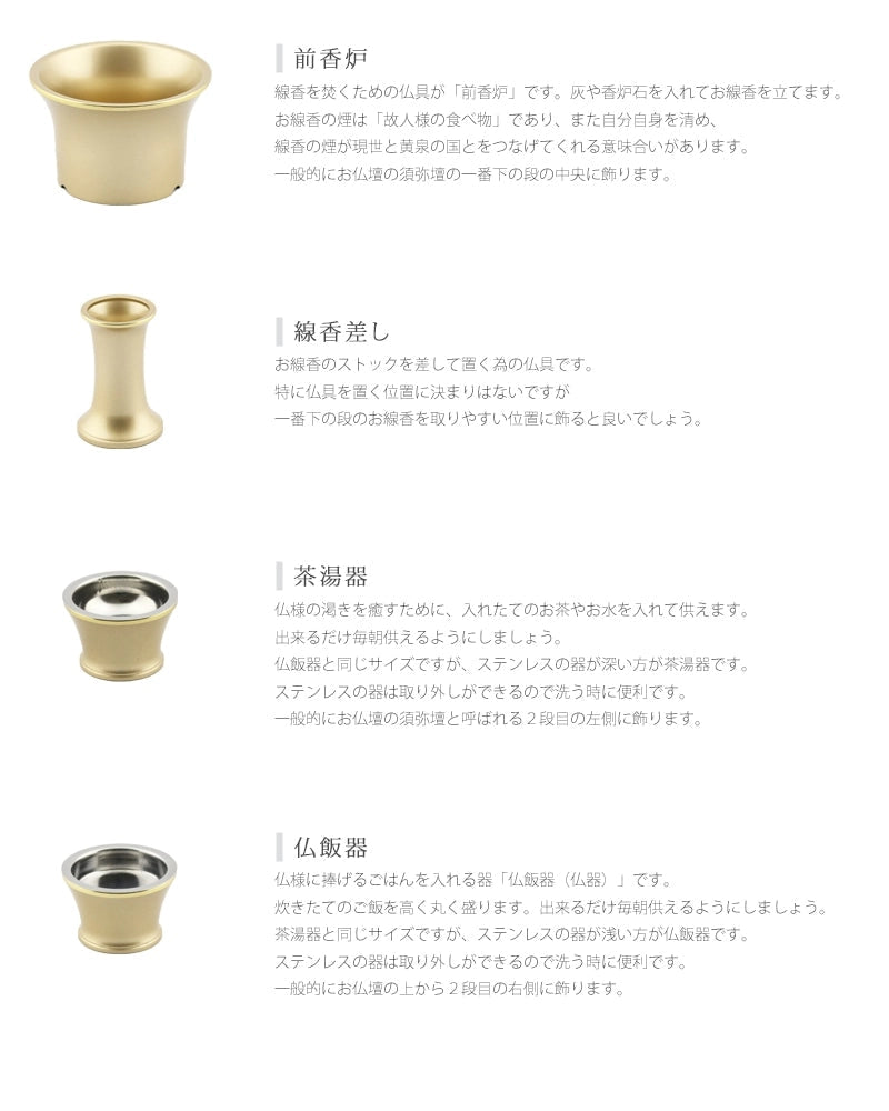 モダン仏具セット シャンテ シャンパンゴールド 各仏具の説明。