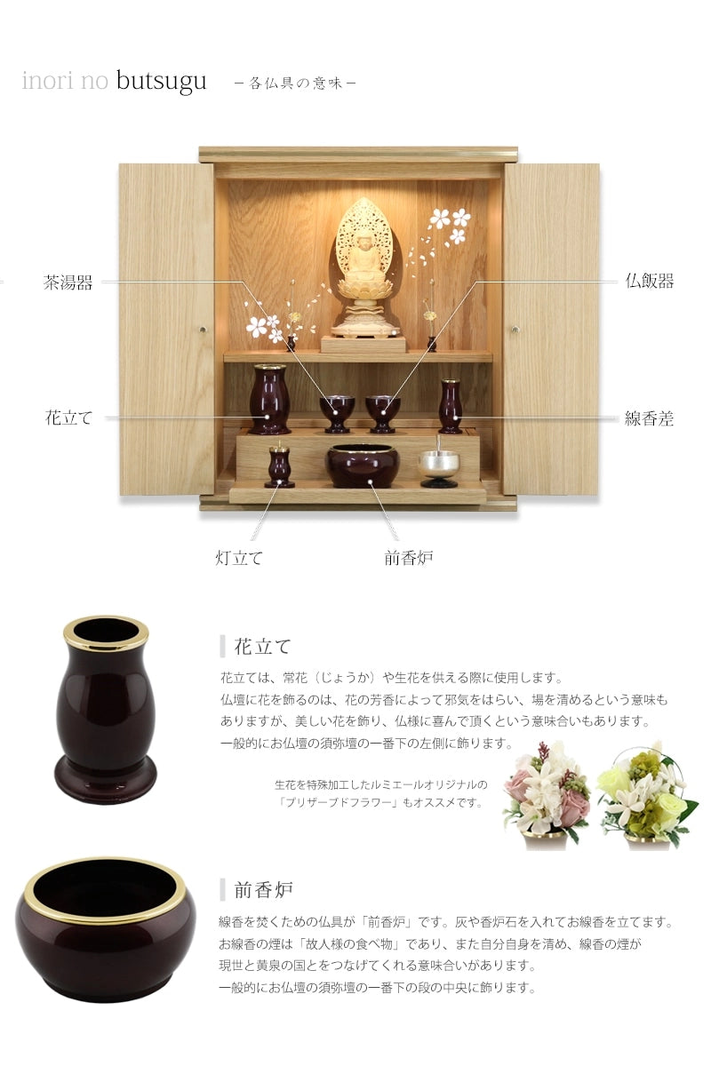 モダン仏具セット 「アルミムク」 ワインレッド 仏具6点セットの各種仏具についての説明①