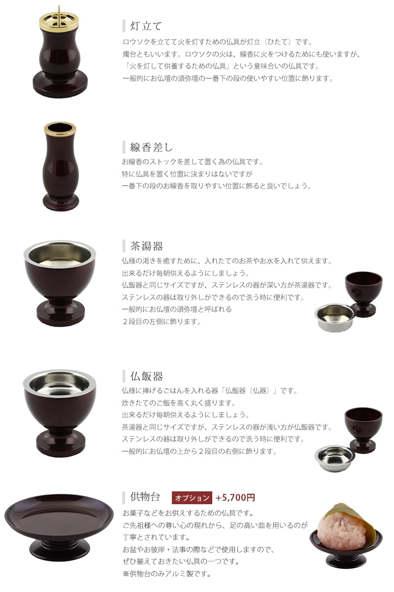 モダン仏具セット 「アルミムク」ワインレッド 仏具6点セットの各種仏具についての説明②