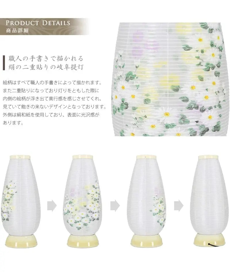 絹二重張りで出来た岐阜提灯です。花々の絵柄は360度のアングルでご覧ください。