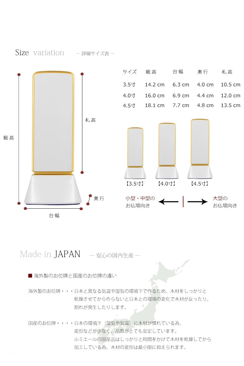 お位牌のサイズ・国産品質の説明。