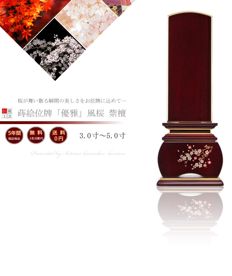 蒔絵位牌 優雅 「風桜」 紫檀の商品画像1枚目