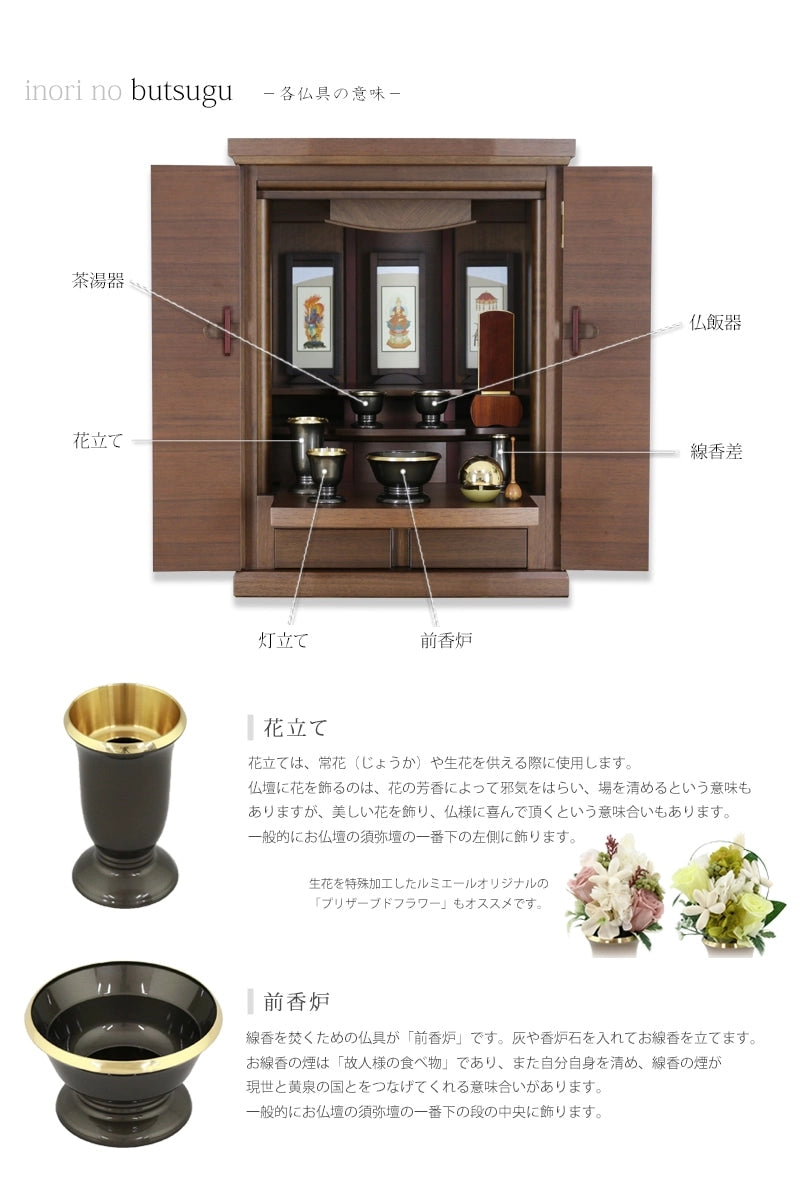 モダン仏具セット 「ゆうがを」 メタルグレーの仏壇設置イメージと仏具の説明