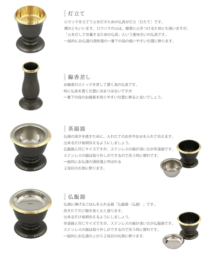 モダン仏具セット 「ゆうがを」 メタルグレーの仏壇設置イメージと仏具の説明