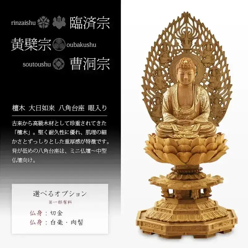 檀木仏像 八角台座 座釈迦 眼入り 飛天光背【曹洞宗・臨済宗・禅宗 檀木仏像 八角台座 座釈迦 眼入り 飛天光背【曹洞宗・臨済宗・禅宗