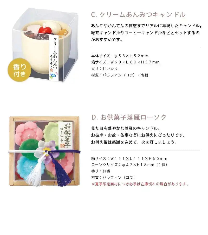 クリームあんみつキャンドル・お供菓子落雁ローソクの商品詳細