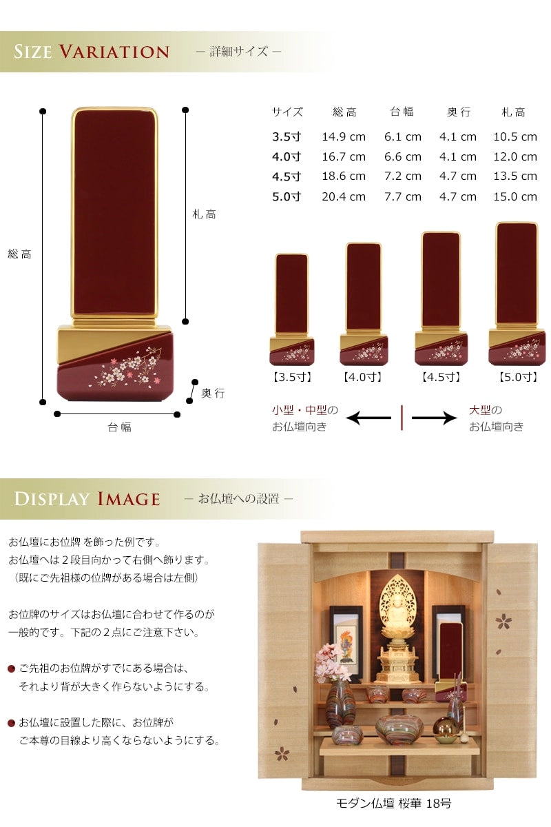 お位牌のサイズ・お仏壇への設置イメージ。