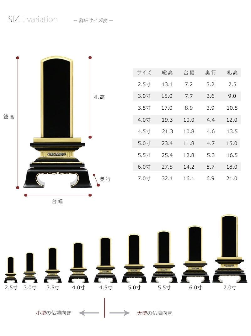 会津塗位牌 「春日」 普通塗り仕上げのサイズの参考ページです。