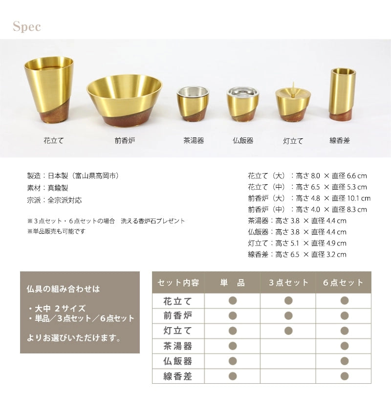 モダン仏具 ひとえ キャメルの各仏具のサイズについて