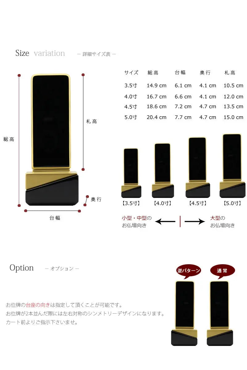 お位牌のサイズ・国産品質の説明。