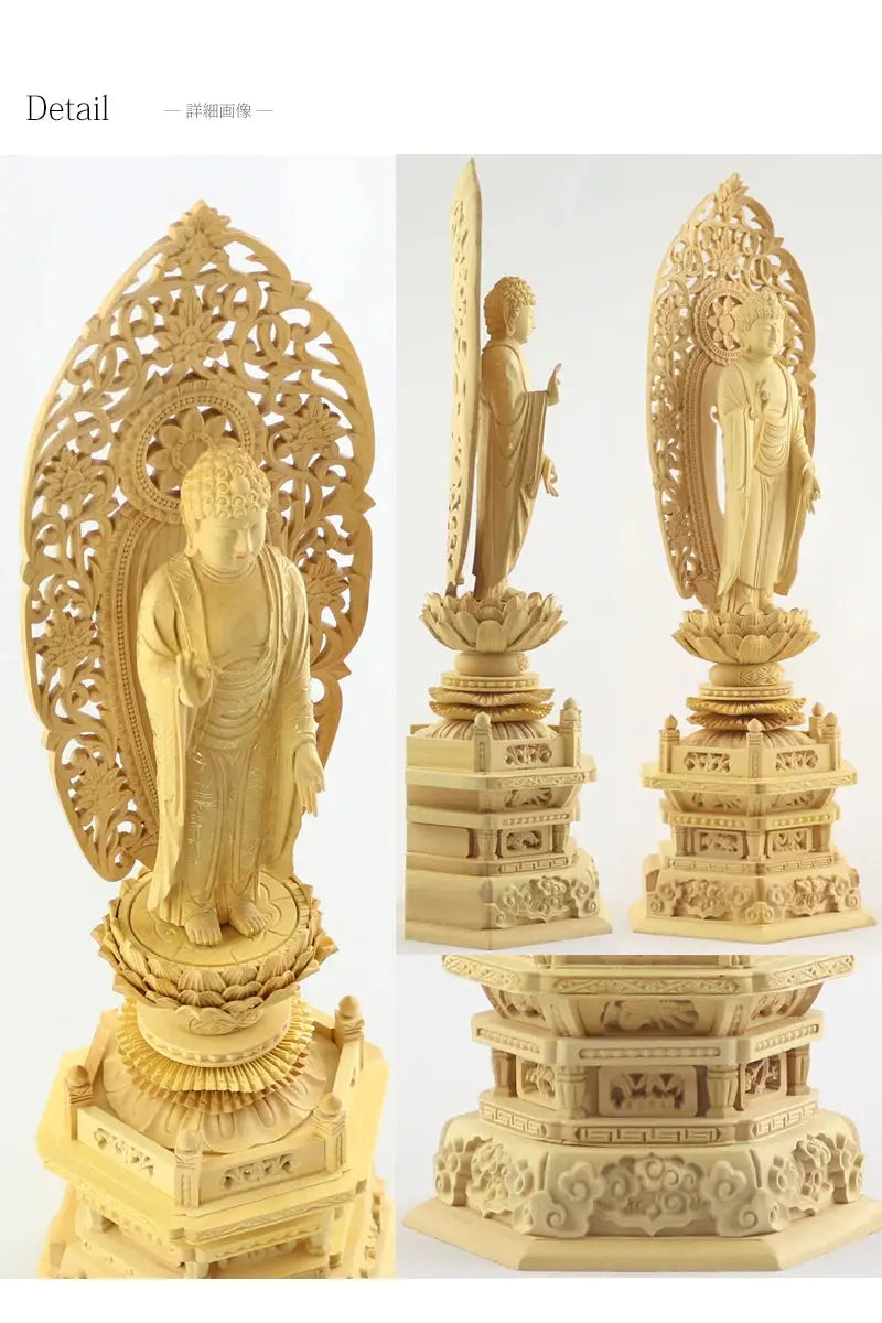 本柘植仏像 上彫り 六角台座 舟立弥陀の詳細画像